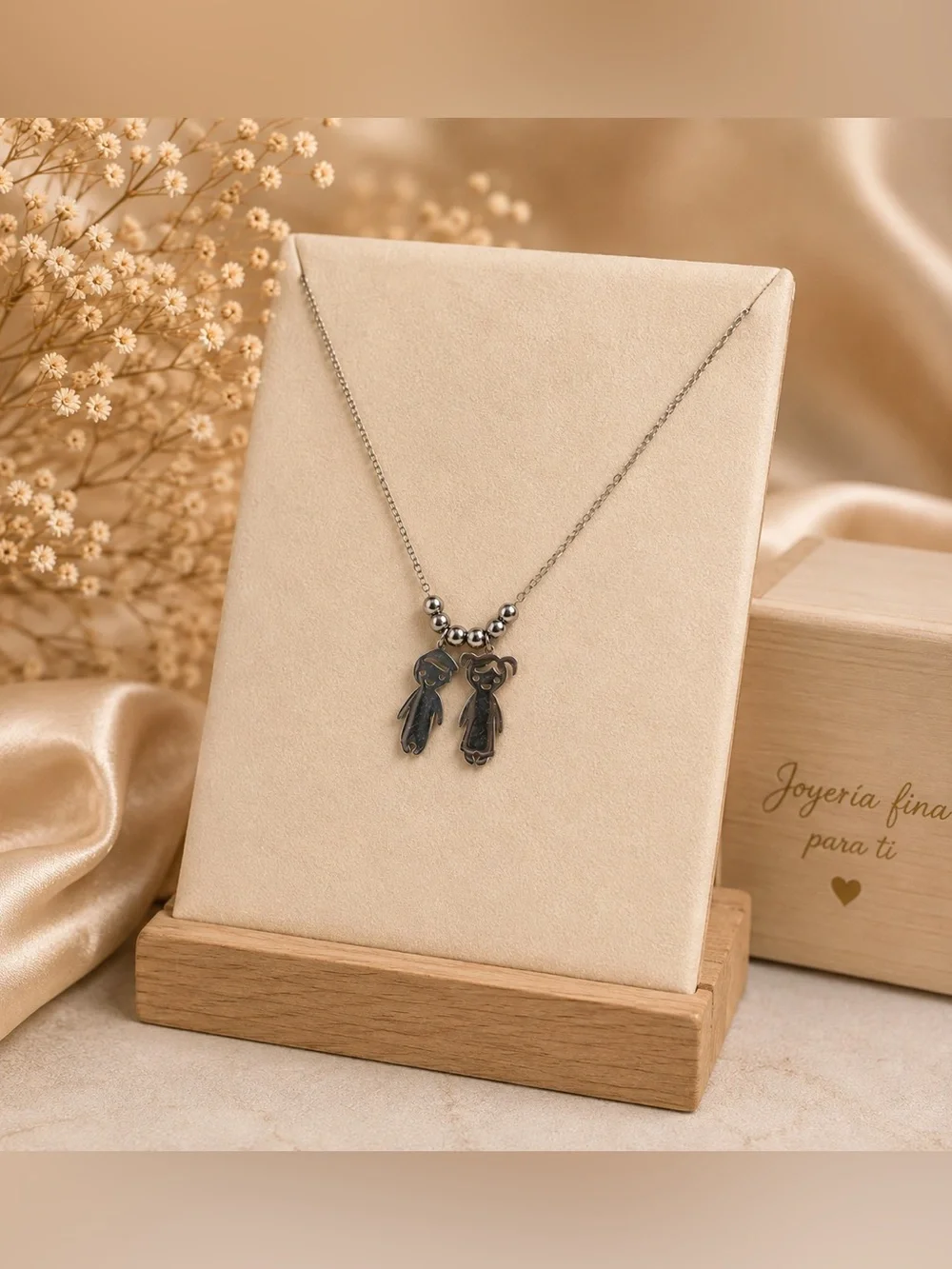Boy and Girl Silver Pendant Necklace with Black Accents steel 316L